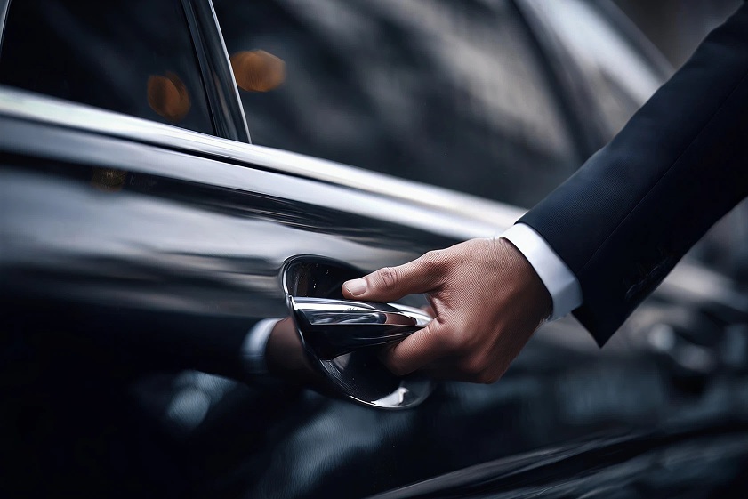 Black luxury sedan with professional chauffeur, representing premium car service